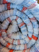 Load image into Gallery viewer, Close up details of handmade handwoven blue white orange pattern rug