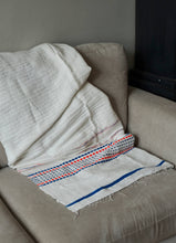 Load image into Gallery viewer, Handmade woven cotton white blue and orange throw blanket
