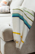 Load image into Gallery viewer, Handmade woven cotton throw blanket with blue green yellow detail