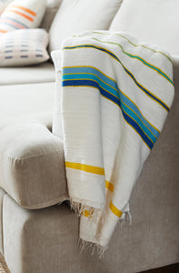 Handmade woven cotton throw blanket with blue green yellow detail