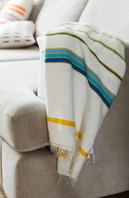 Handmade woven cotton throw blanket with blue green yellow detail
