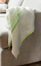 Load image into Gallery viewer, Handmade white and green cotton blanket on a sofa