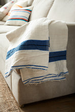 Load image into Gallery viewer, Handmade white and blue cotton blanket throw on a sofa